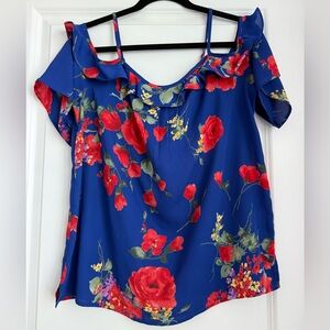 Skies Are Blue Royal Blue Cold-Shoulder Top with Red Floral Print